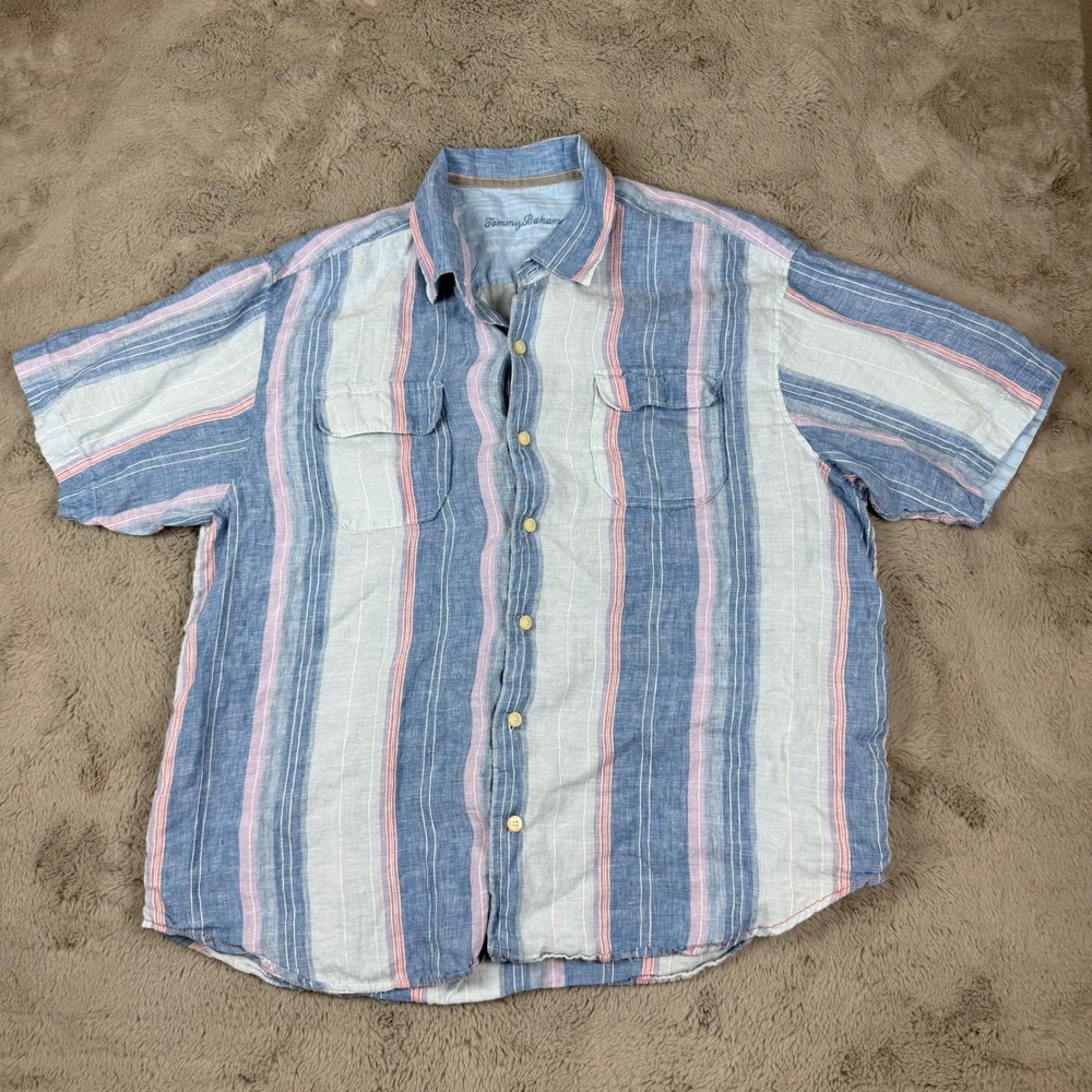 Tommy Bahama Linen Shirt Striped Button Up Short Sleeve Casual XL‎